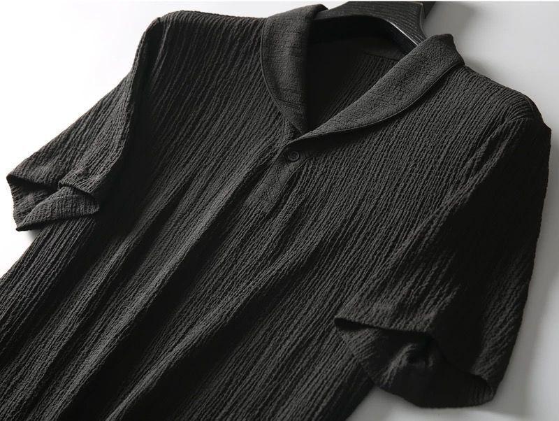 Men's Summer Lightweight Pleated Two-Piece Suit: Breathable, Fashionable Lapel Short Sleeve & Trousers