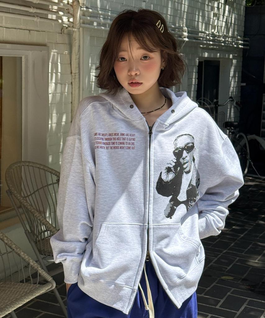 Amou Hotline Hoodie Zip-Up White Gray