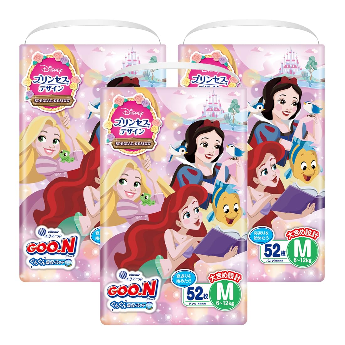 

Goon Gungun Впитывающие трусики, Размер M, Подгузники (6-12 кг), 156 штук (52 штуки x 3 упаковки) [Дизайн принцессы Диснея]