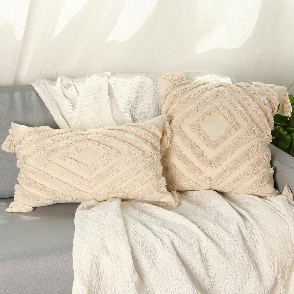 Tufted Cotton Fabric Pillowcase Simple Nordic Style Geometric Tassel Decoration Cushion Case Invisible Zipper Soft Throw Pillow Cover