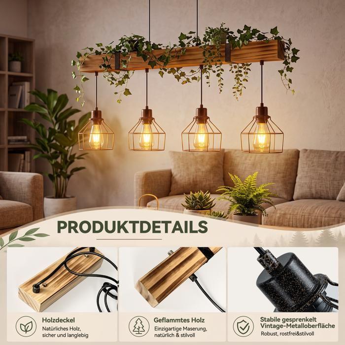 Suspension - NETTLIFE - 3 lumières bois - E27 - Hauteur réglable 170 cm - Noir