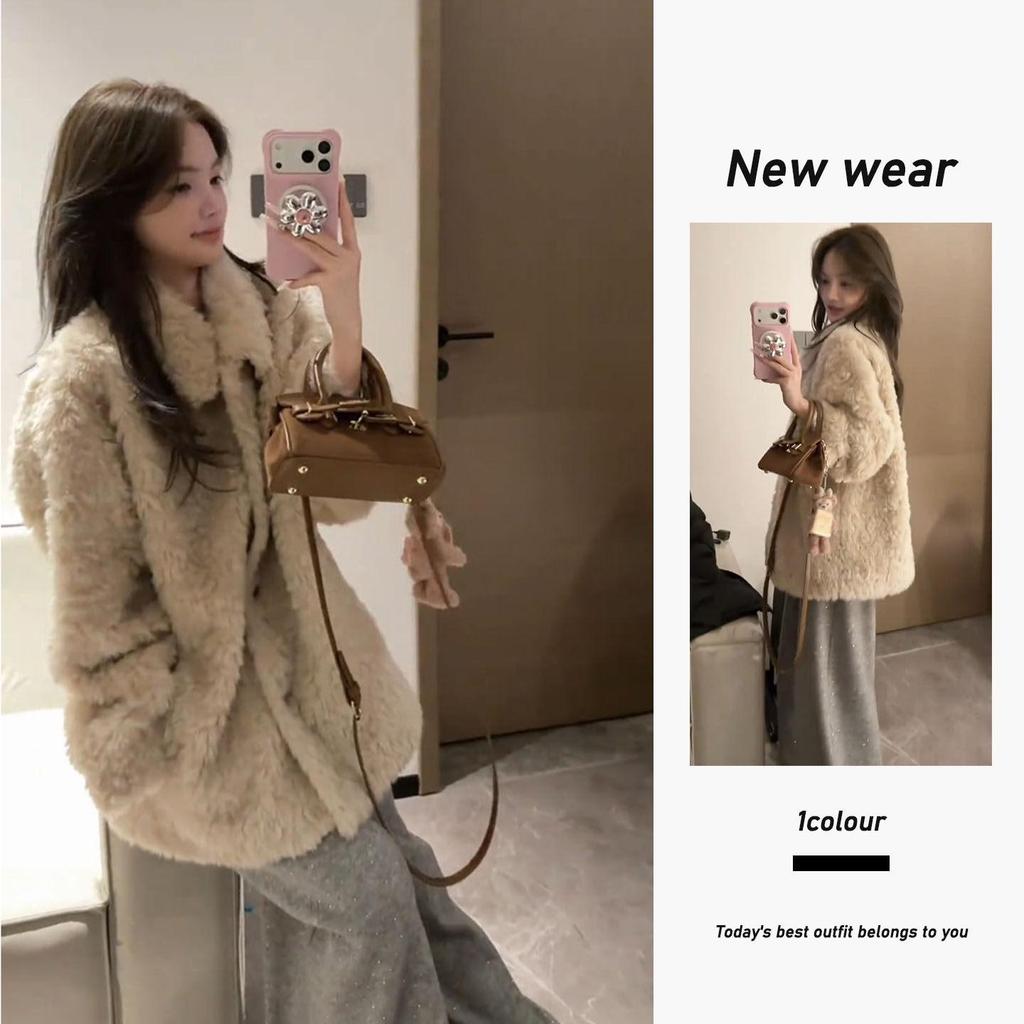 Korean Winter Set: Retro Lapel Lamb Wool Coat & Loose Wide-Leg Pants, 2-Piece