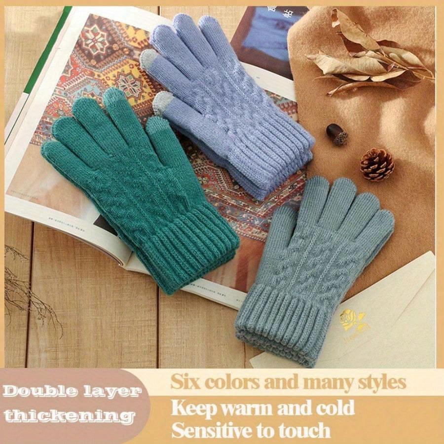 Warm Knitted Women Gloves for Autumn Winter Touch Screen Multi Color Double Layer Thick Plush Five Finger Riding Cold Resistant