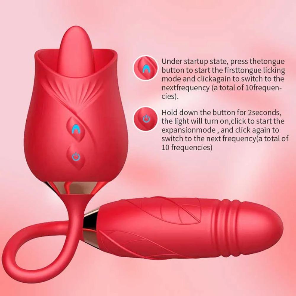 10 Frequencies Double Head Rose Toy Vibrator w/ Thrusting Dildo
