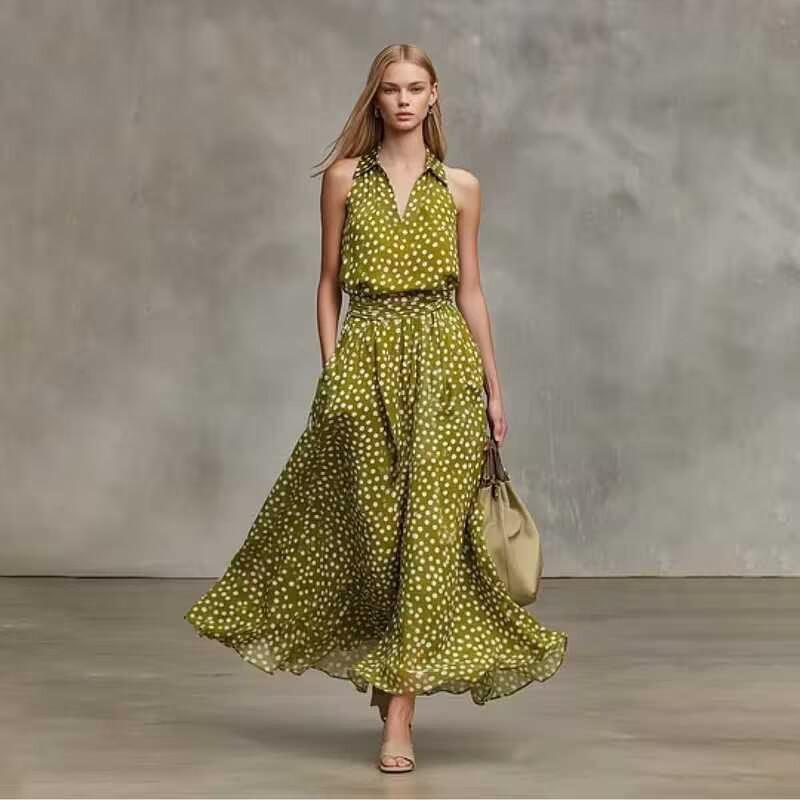 Women Halter Neck Sleeveless Polka Dot Belted Midi Dress Casual Flowy Summer Dress S