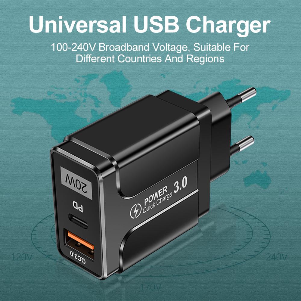 QC3.0+PD 20W Fast Charger: EU/US/UK Plug, High Power Quick Charge