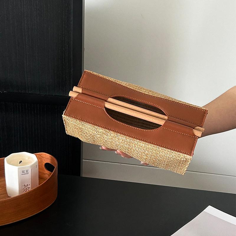 Vintage geflochtene Rattan-Leder-Holzgriff-Taschentuchbox, Schreibtisch-Serviettenhalter für Zuhause Wohnzimmer Eingang