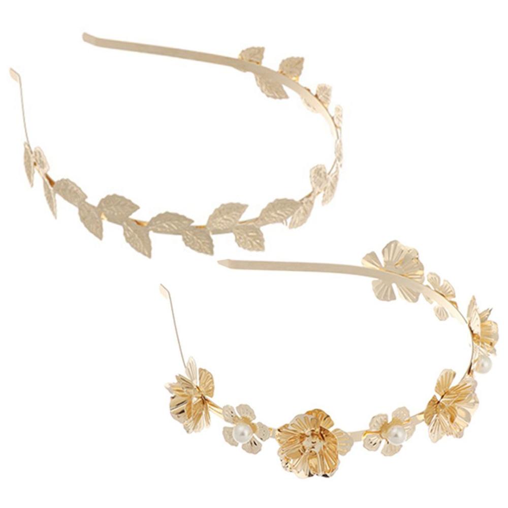 

2PCS Fashion Retro Pearl Leaf Hair Accessory Floret Hair Band Metal Headband