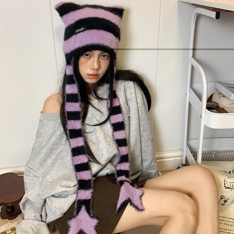 Y2K Subculture  Girl Sweet Cool Style Hat Star Striped Plush Knitted Hat