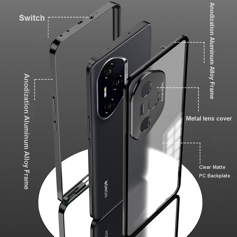 Elastic Snap Magnetic Metal Bumper Frame Case for Honor 300 / 300 Ultra / 300 Pro Clear Frosted PC Lens Protector Back Cover