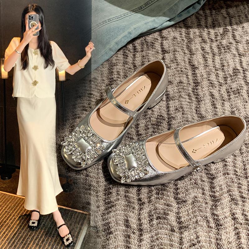 

2386-58 autumn new French rhinestone word with square head shallow mouth Mary Jane widened large size shoes women 35 срібний