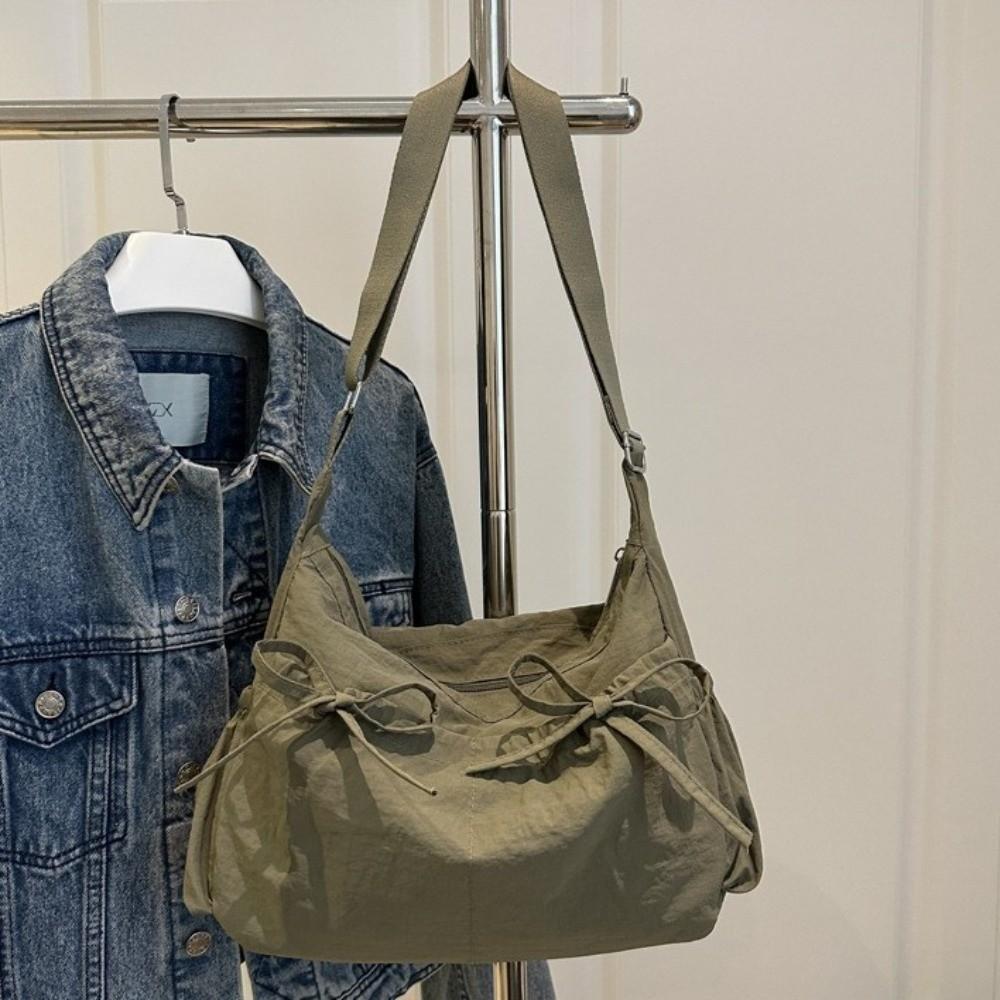 Pleated Nylon Shoulder Bag Multiple Pockets Hobo Bag Sweet Bow Crossbody Bag Women