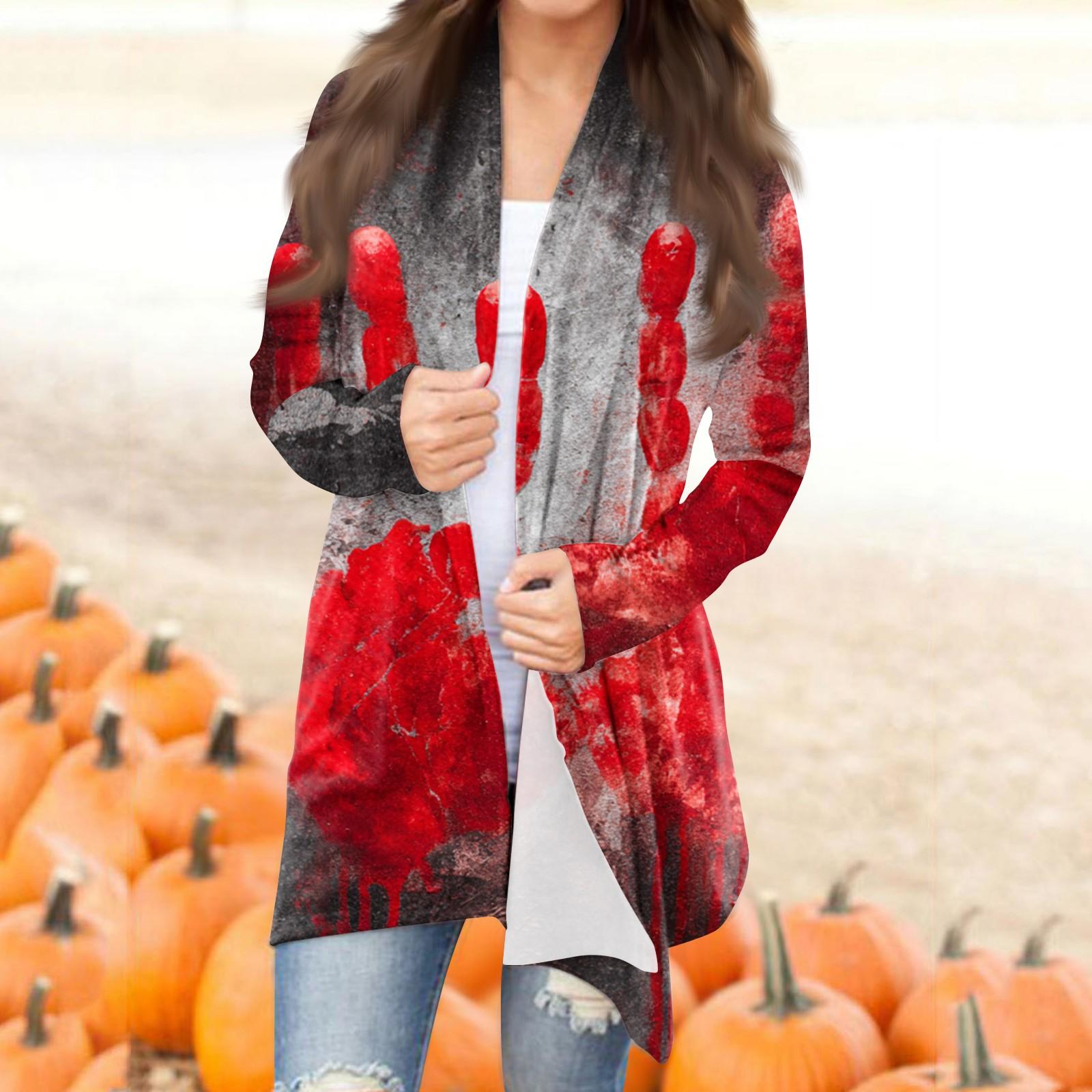 

Женская модная повседневная куртка-кардиган средней длины с принтом на Хэллоуин и нерегулярным подолом XL красный