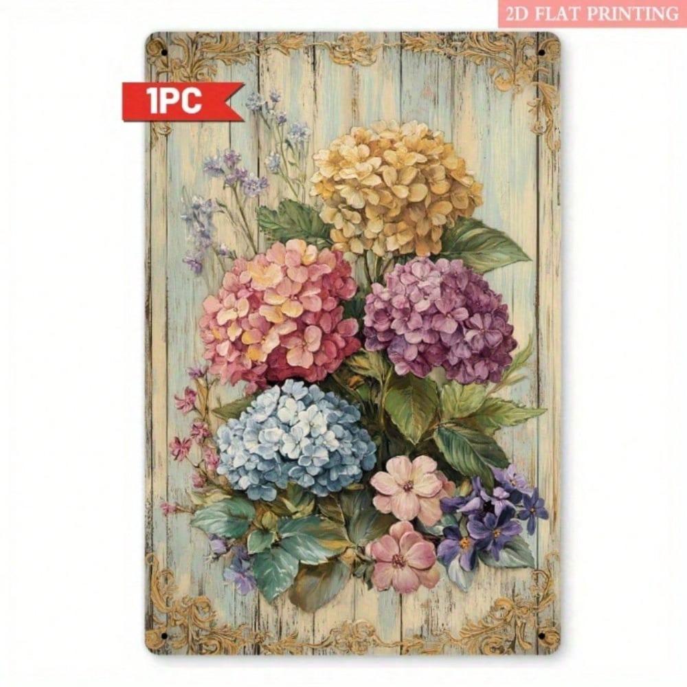 1pc Retro Metal Tin Sign, Vibrant Hydrangea Bouquet with Golden Accents, Vintage Floral Art, Rustic Farmhouse Wall Decor, 2D Flat