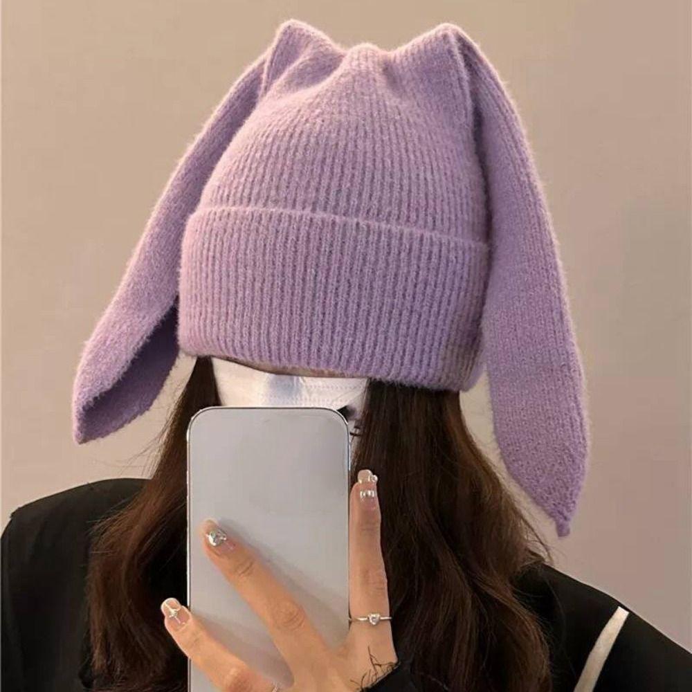 Winter Warm Earflap Hat Long Ears Rabbit Pullover Hat Cute Beanies Caps Women