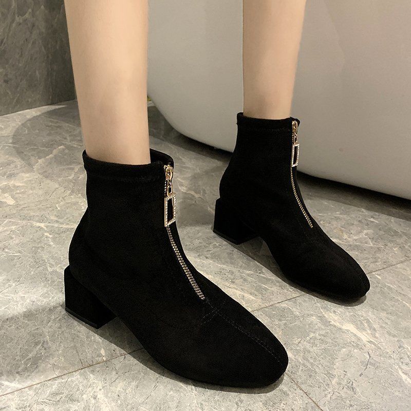 Autumn New Elastic Women's Short Boots Thick Heel Front Zipper Femme Shoes Square Toe Heel Black Suede Women's Botas Femininas