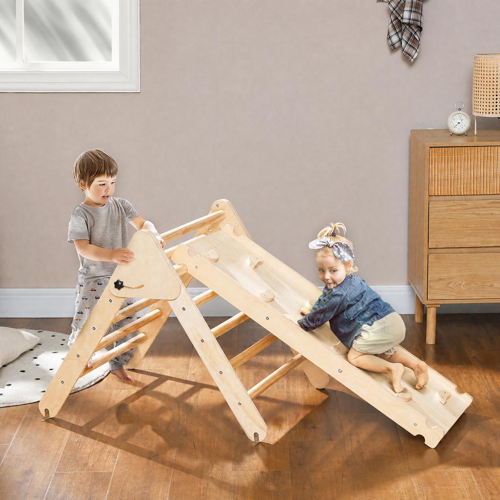 Kids' Wooden Climbing Set with Triangle Ladder and Two-Sided Ramp, for Children Aged 18-48 Months