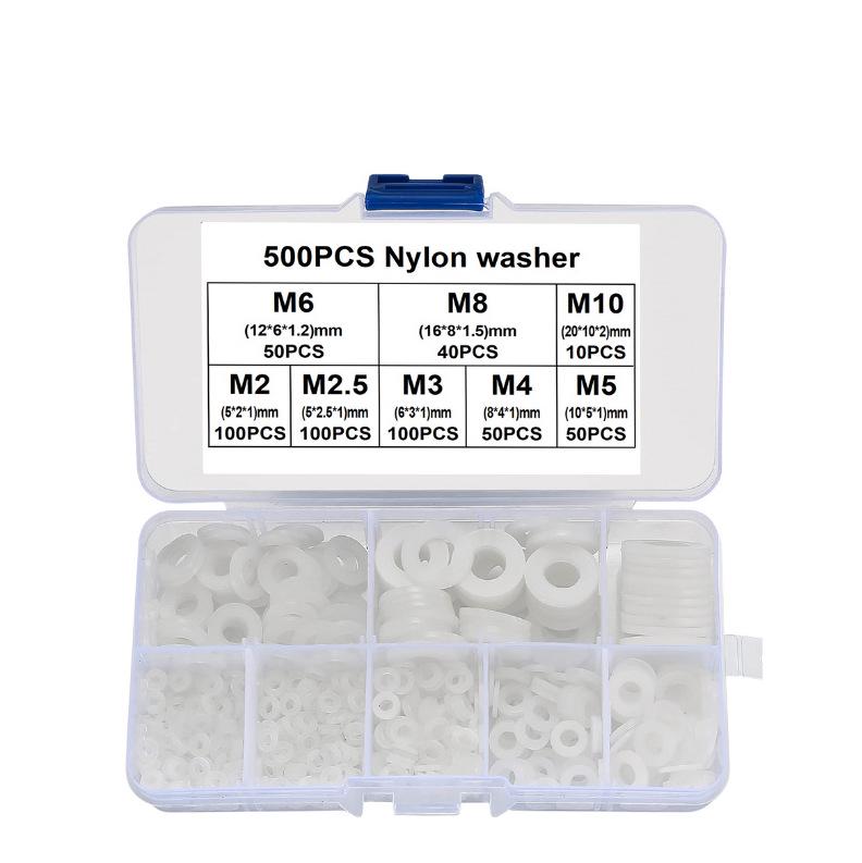 500pcs White Nylon Waterproof Sealing Ring Flat Plastic Washer Gasket Insulation Set