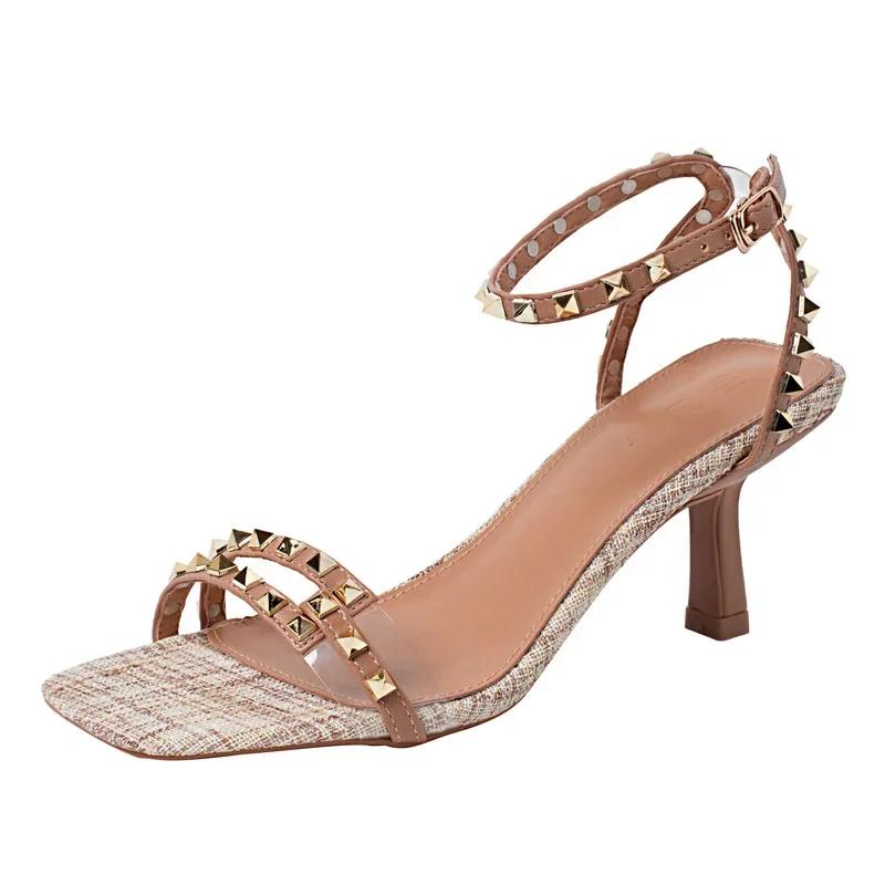 Fashion 2024 summer new women's high heel Roman sandals French retro rivet sandals structured belt square parka sexy new