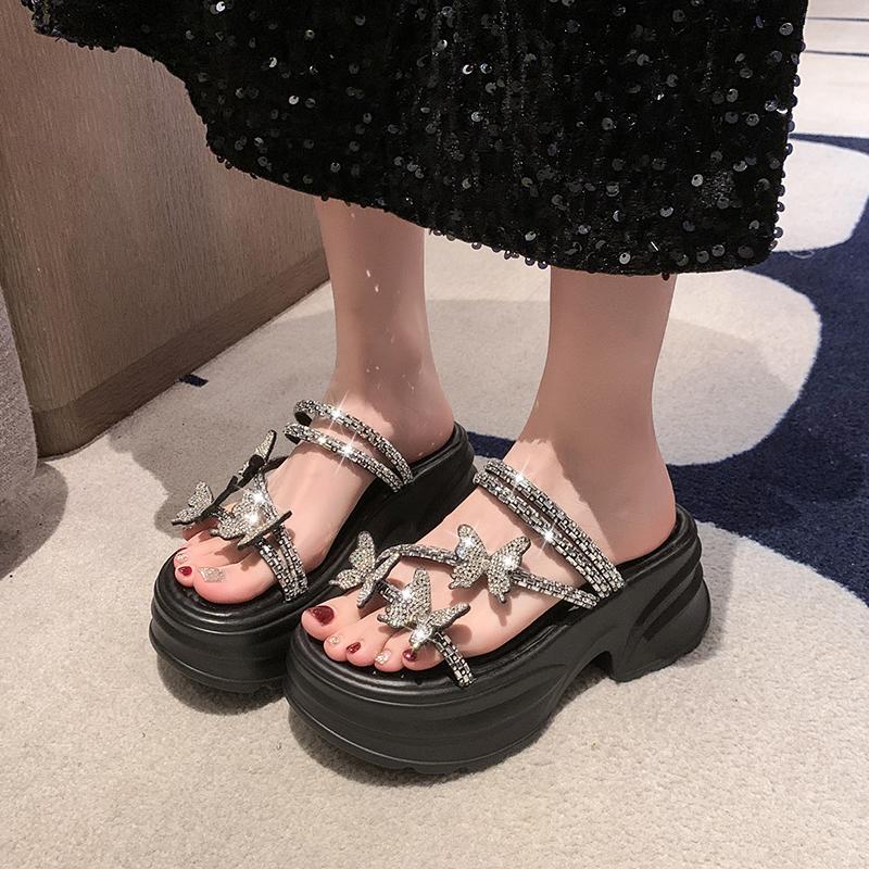 Fashion NEW Casual 7CM Wedge Slippers Women Summer Crystal Butterfly Platform Sandals Woman Open Toe Comfortable Female Chunky Shoes