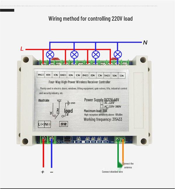 DC 12V-48V Wireless 4-Channel Remote Control Switch for Motor, Gate, and Lights