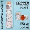 Reine Kupferwasserflasche 900 ml mit Glas-Set Beste Tamba im gedruckten Design (900 ml 2x 300 ml)