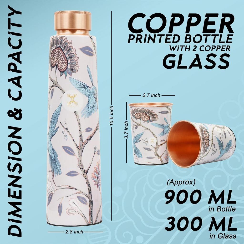 Reine Kupferwasserflasche 900 ml mit Glas-Set Beste Tamba im gedruckten Design (900 ml 2x 300 ml)