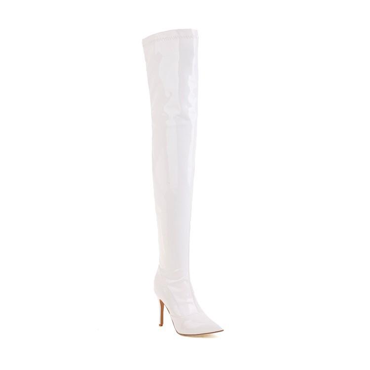 

European and American large size ultra-high heel thin heel waterproof table patent leather knee boots pole dancer shoes 34 Customization is not returned or exchanged