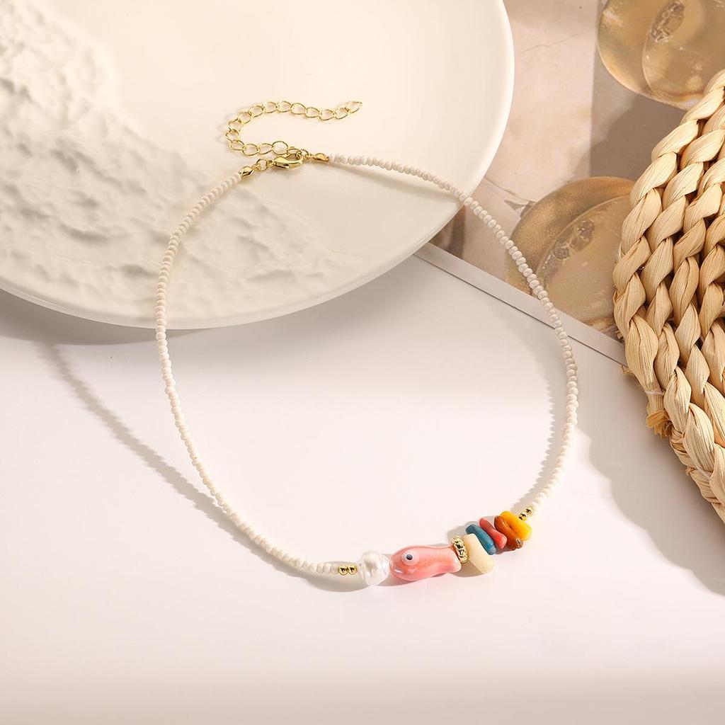 Color Blocked Bead Collarbone Chain Ocean Design Ceramic Necklace Small Fish Bohemian Necklace for Women