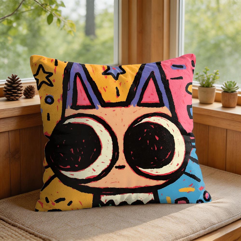 Art Dopamine Doodle Cat Cushion Cover Silky Short Plush Invisible Zipper Dustproof Sofa Pillow Case For Home Decor