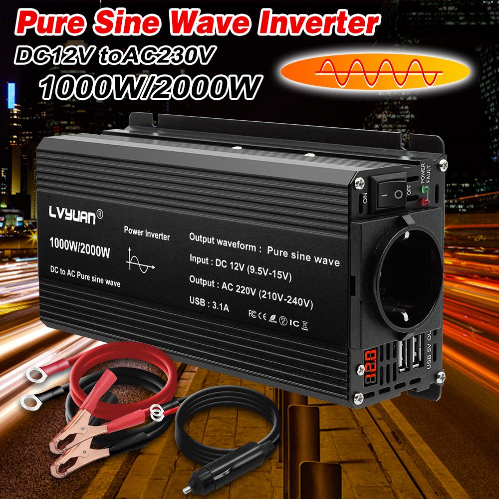 2000W (Vrchol) 12V až 230V 1000W Jmenovitý výkon Pure Sine Inverter 2 x 5V 2,4A USB Vhodné pro kempingové domácí solární systémy mimo síť