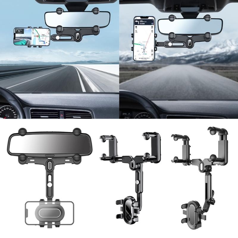 Rear View Glass Phone Holder,Rotatable and Retractable, Universals Mount, Cellphone Car Mount for 4''-7'' Device