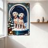 Vintage Snow Globe Christmas Tin Sign, 2 Dalmatians in Red Collars on Snowy Scene with Festive Tree & Evergreens, Whimsical Holi