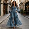 Solid Color Dress Women Faux Denim Maxi Dress, Mesh Patchwork Long Sleeve Button Polyester Down Shirt Casual Loose Vintage Summer Party