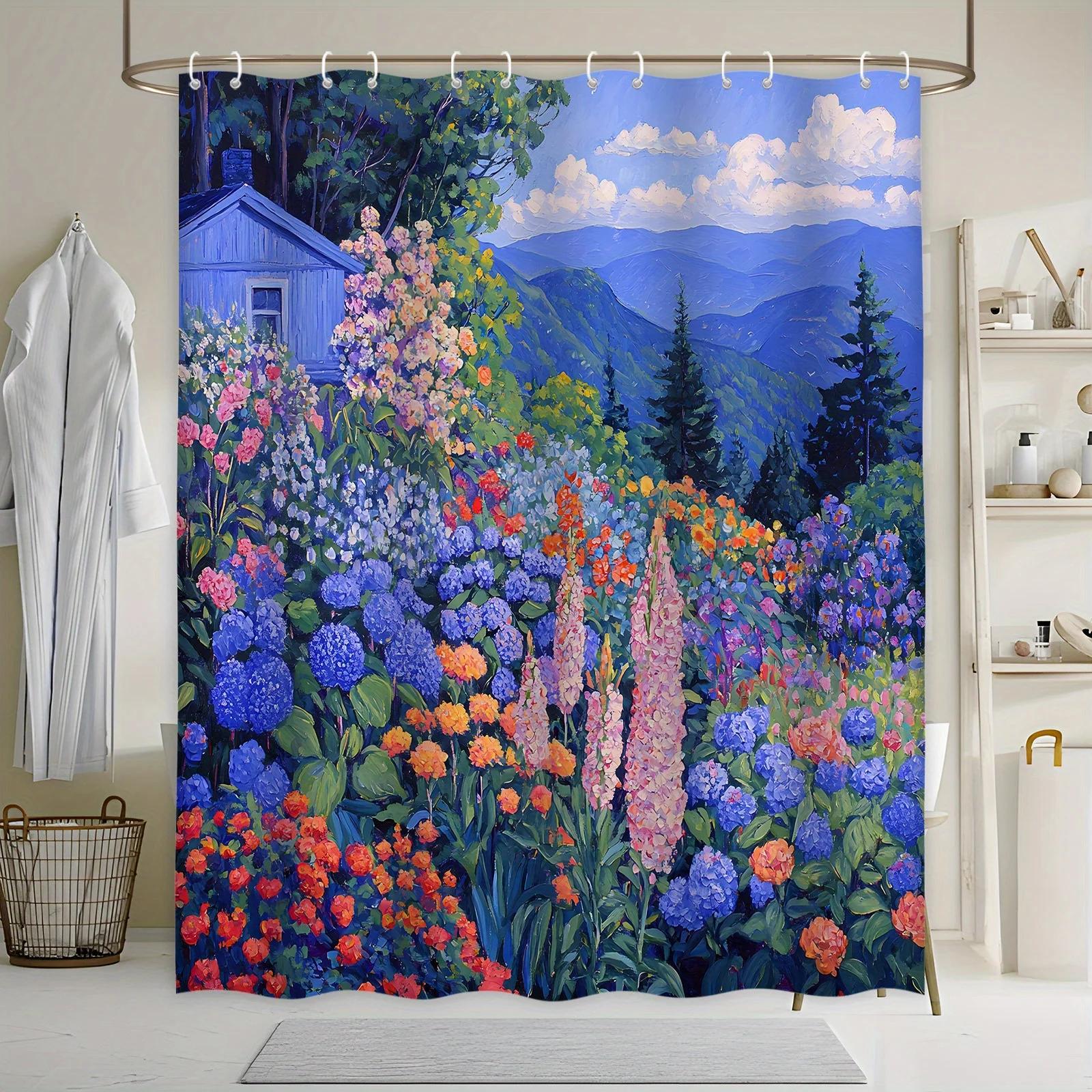 

Vibrant Garden Shower Curtain - Blue House & Flowers, Rolling Hills, Polyester, Machine Washable, Perfect Bath Decor W90xH180cm