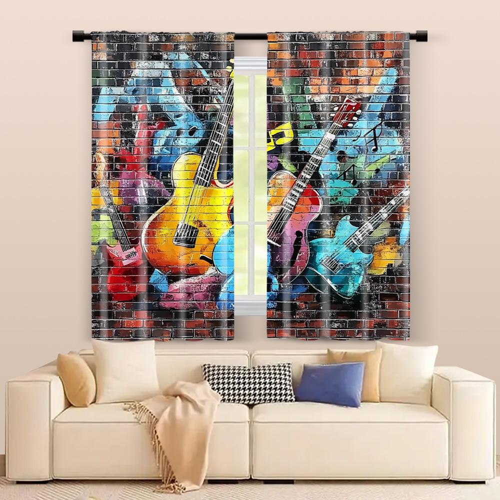 Set Of 2 Filtering Curtains Excluding Rods Non Movable Without Batteries Graffiti Brick Wall Music Theme Use Curtain Polyester