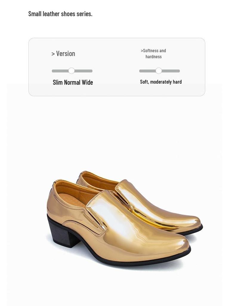 Sapatos Masculinos de Couro Macio de Bico Fino Sociais Formais Slip-On com Aumento de Altura