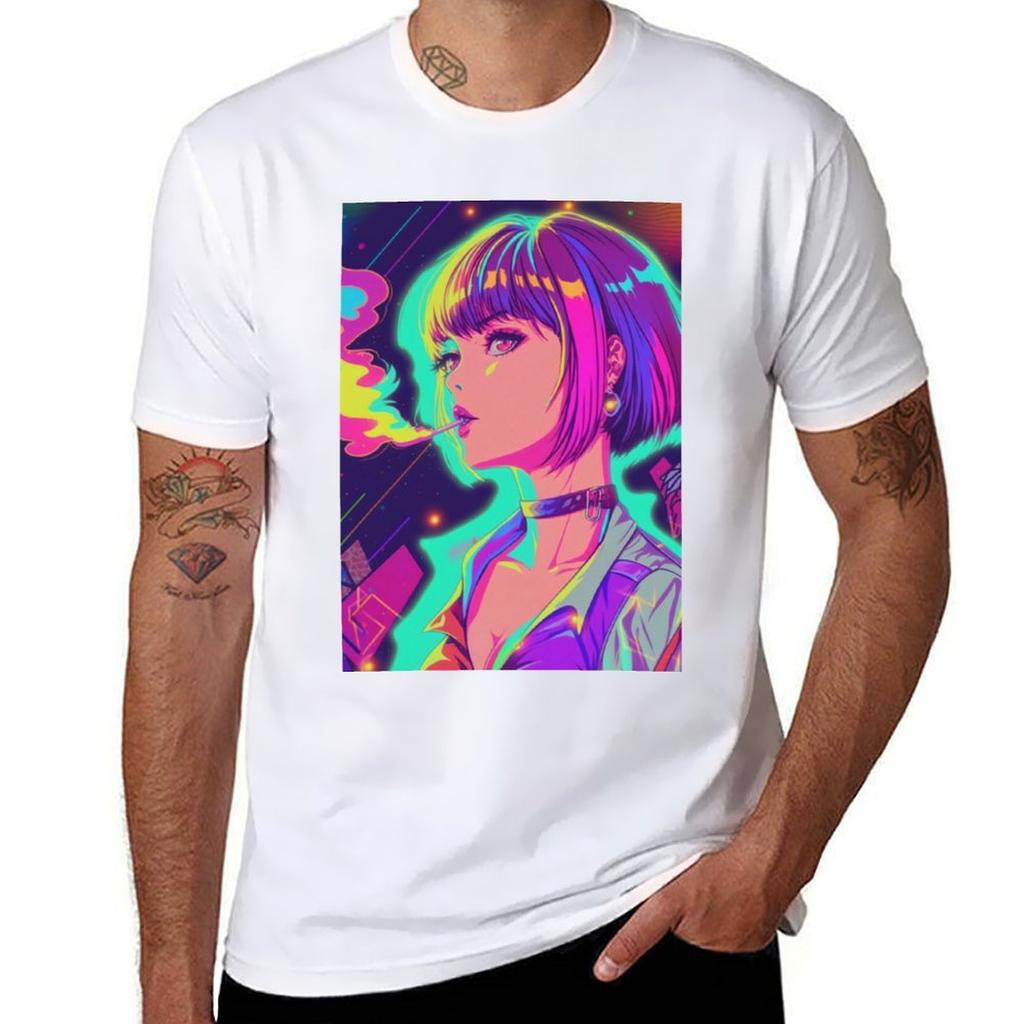 Psychedelia Girl Smoking Vaporwave Sticker Anime Tshirt Outdoor Work Short Sleeve Top