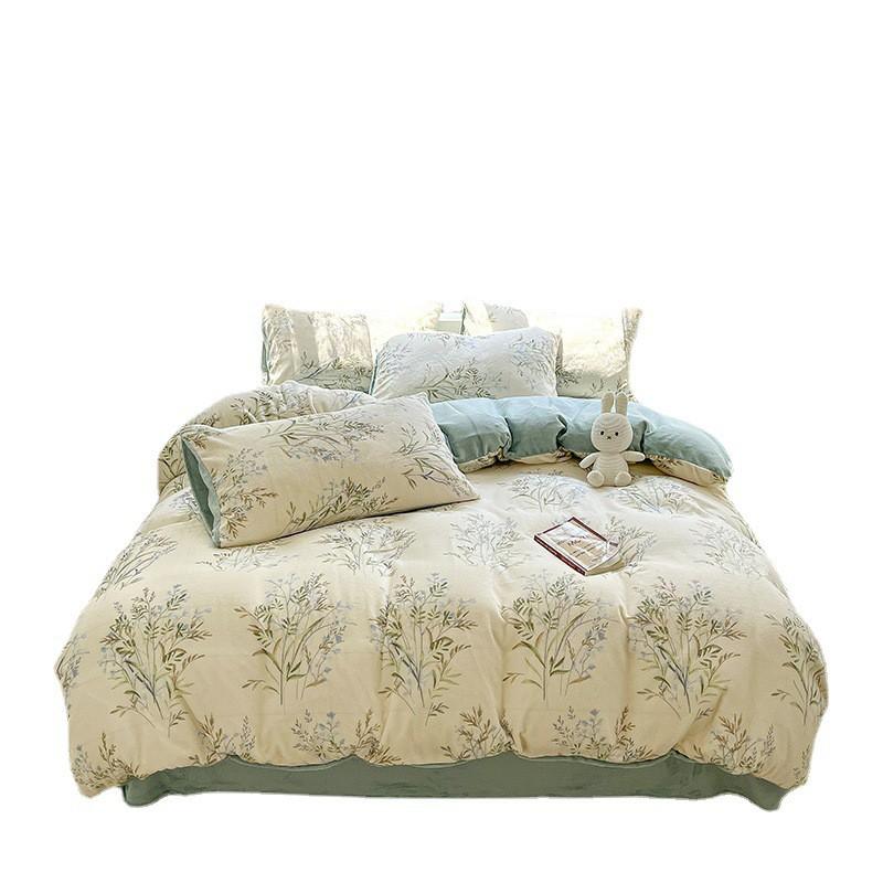 Winter Thick Warm Milk Coral Fleece Bedding Set Ins Fresh Duvet Cover Single
