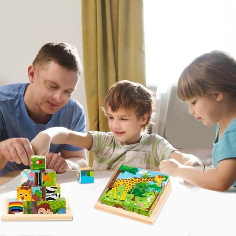 Wooden Puzzle Blocks for Kids, 6 In 1 Animal Pattern, Montessori Educational Toys for Toddlers Ages 2 3 4 Years Old Boys Girls
