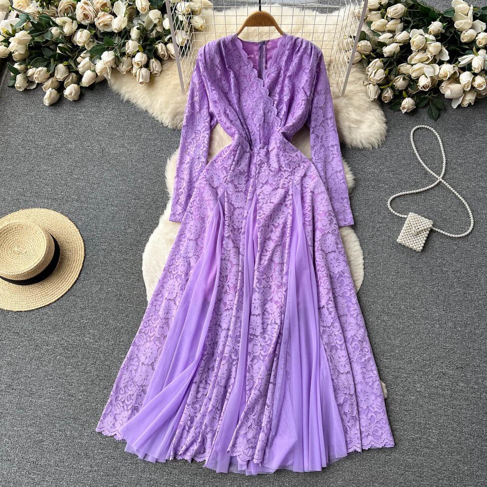 

Женское французское нежное элегантное платье с кружевом и сетчатыми вставками, летне-осеннее, с длинным рукавом, для выпускного вечера, вечернее, для дня рождения One Size фиолетовый