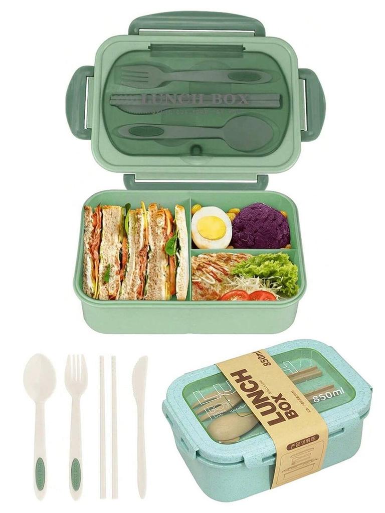 1pc lunch box with two compartments, built-in cutlery set, reusable and microwave heated (with lid removed), suitable for kitche