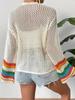 Ethnic Retro Crochet Rainbow Cardigan: Handmade Color Block Long Sleeve Knit Top