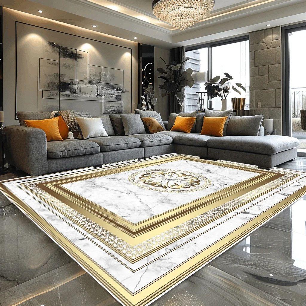 Luxury Large European Style Rug—Black Gold Living Room Sofa Carpet, Non-Slip Easy To Clean for Coffee Tables Carpet