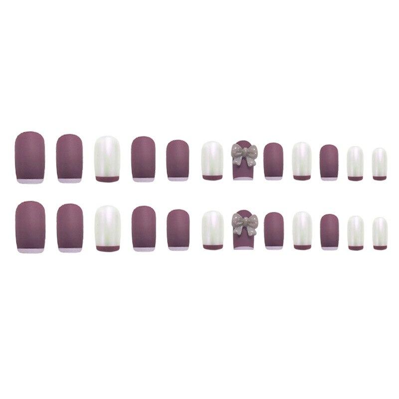 24 Pieces False Nail Full Cover Fake Nail Elegant Purple French Frosted Matte Wearable Nails Ellipse Shape Short Fake Nail