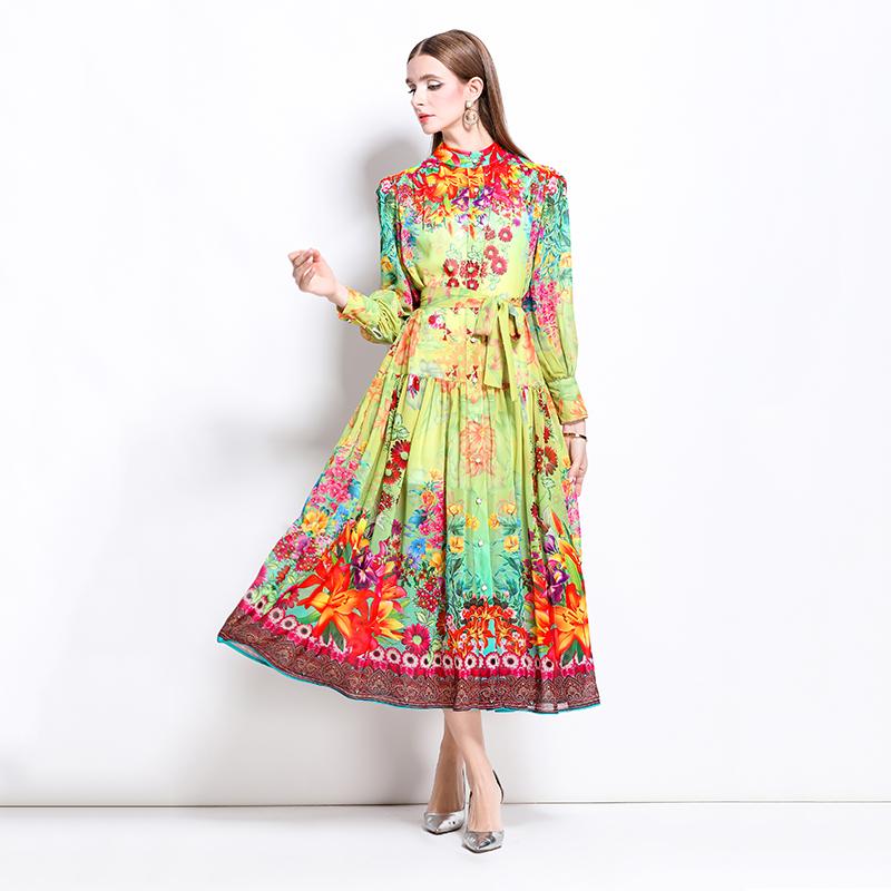 Summer Autumn Women Lantern Sleeve Vintage Print Chiffon Oversize Loose Long Maxi Holiday Beach Lace-up Dresses
