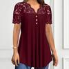 Women Tops Deep V Neckline Short Sleeve Pullover Lace Splicing Tops Pure Color Loose Hem Anti-Wrinkle