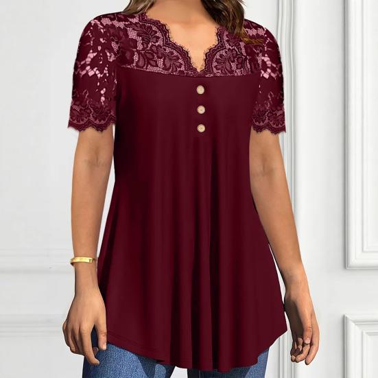Women Tops Deep V Neckline Short Sleeve Pullover Lace Splicing Tops Pure Color Loose Hem Anti-Wrinkle