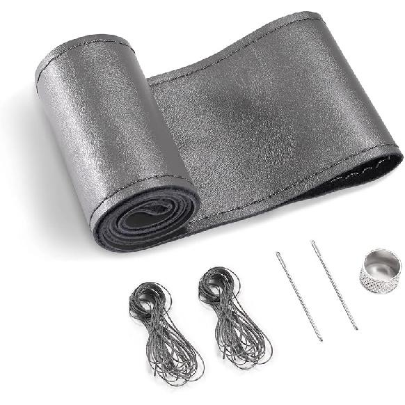 SEG Direct Genuine Leather Steering Wheel Cover, Stitch On Wrap, 15 Inch Steering Wheel Wrap For Car Truck SUV Pickup Boat, DIY Sewing With Needle