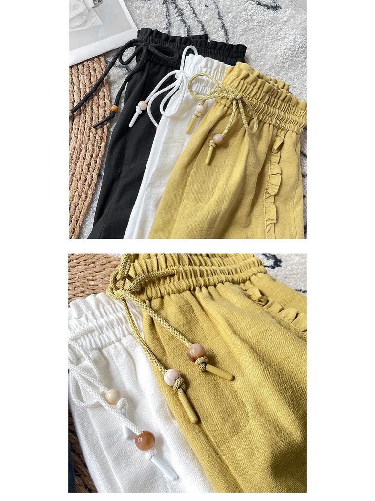 Women's Yellow Ruffled Wide-Leg Summer Shorts with Elastic Drawstring Waist